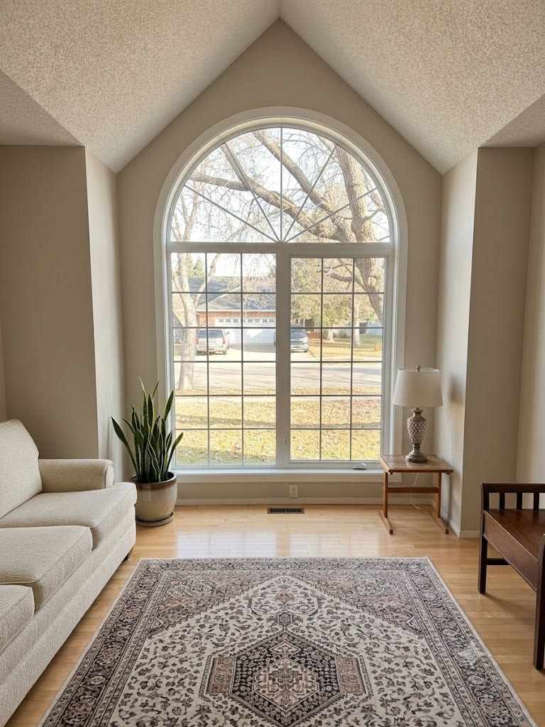 Inside a living room with a vaulted ceiling, a large fixed picture window flanked by two narrower units, all with colonial glazing bars, under a half-round arched transom with radial bars, looking out to a street.