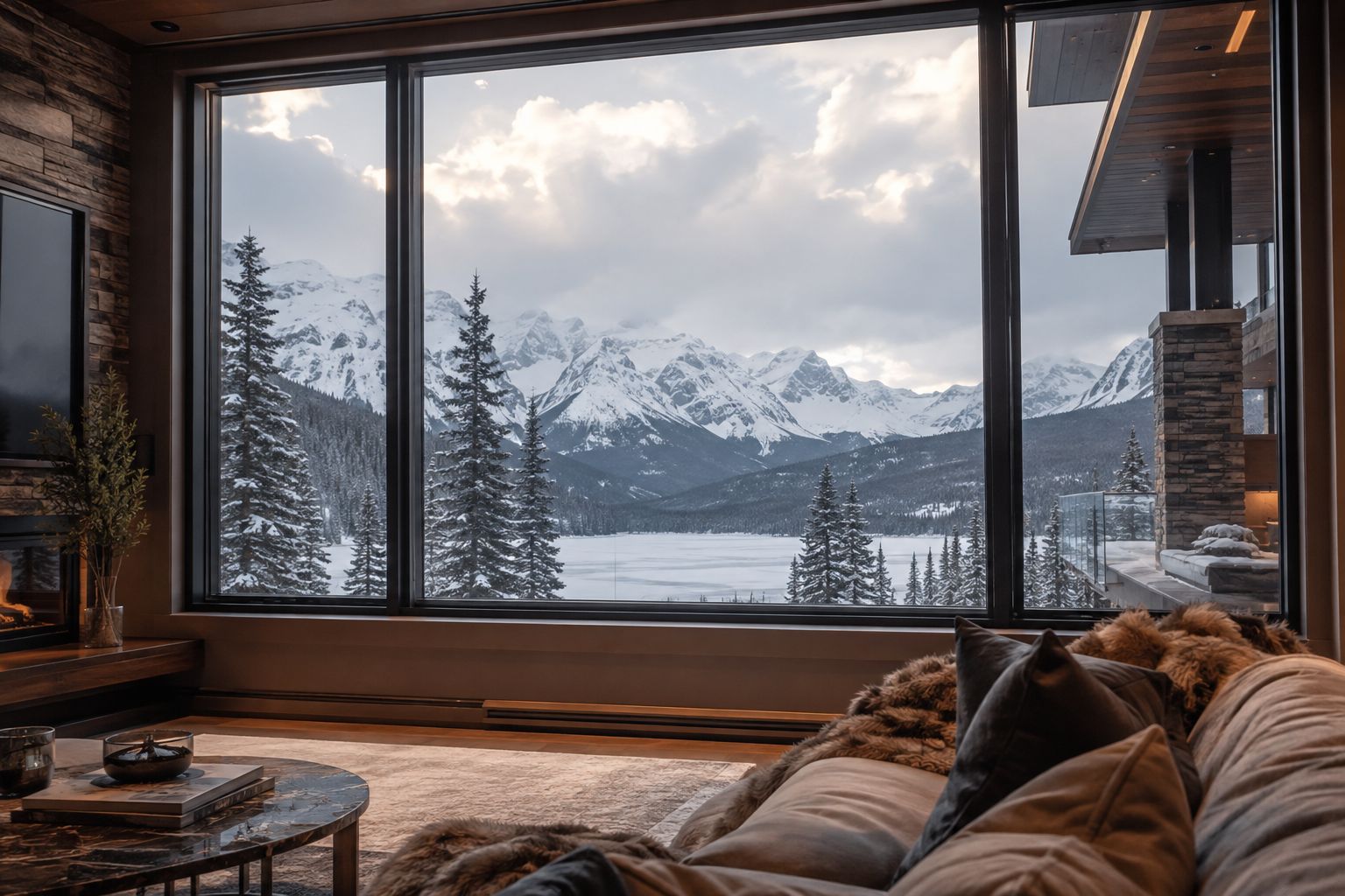 A mountain winter view through a large picture window from a warm living room.