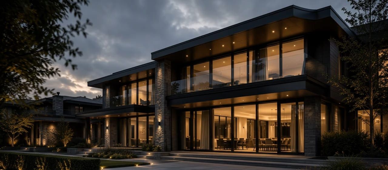 A modern Edmonton home at dusk, its windows and patio doors lit from inside, under moving cloud.