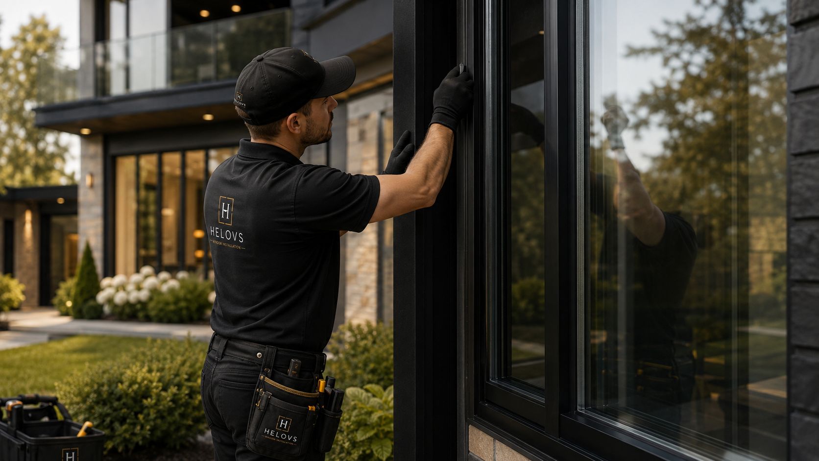 A Helovs installer fitting a black-framed window, wearing a branded polo and tool belt.