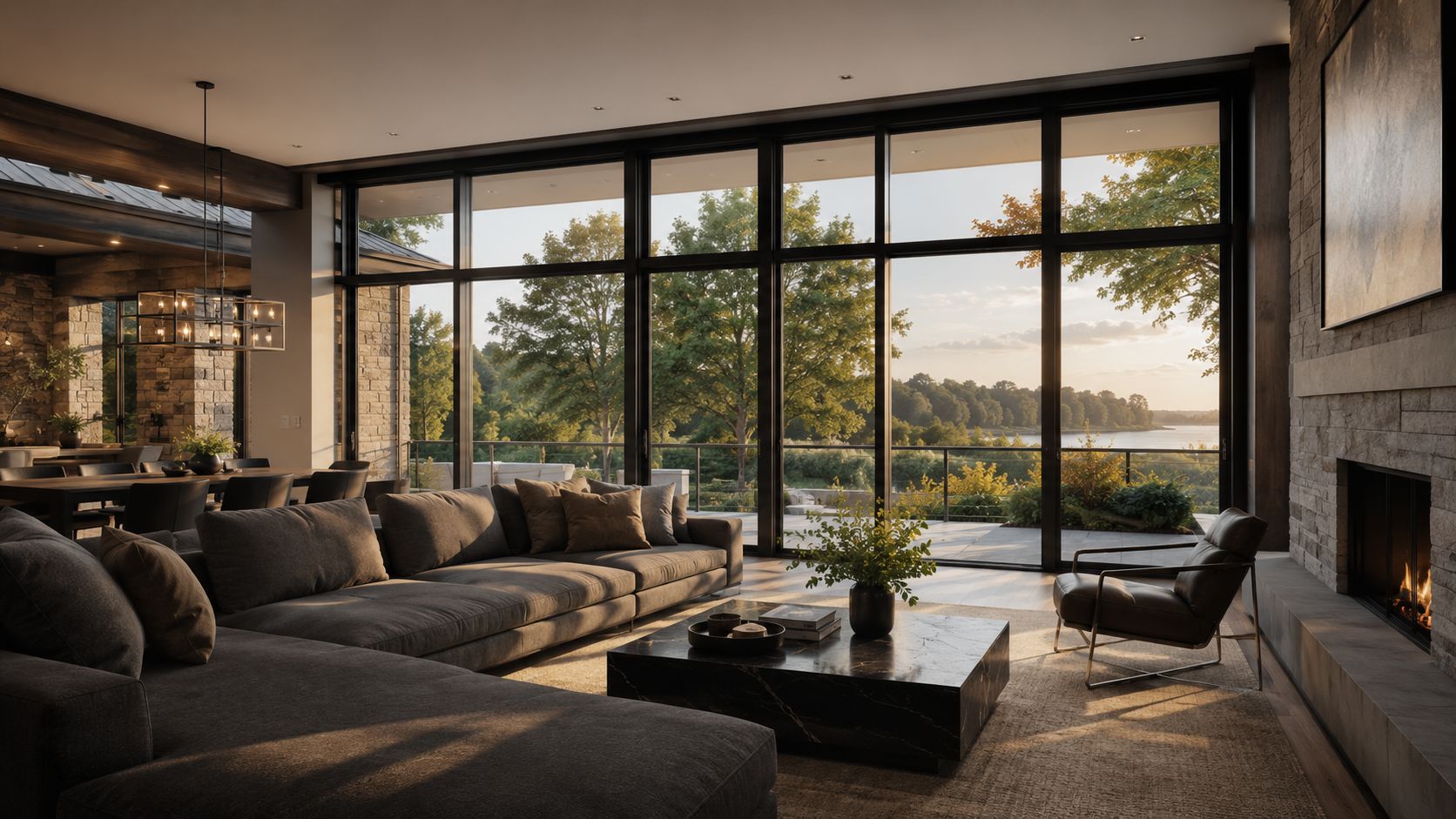 A living room with floor-to-ceiling black-framed glazing at golden hour.